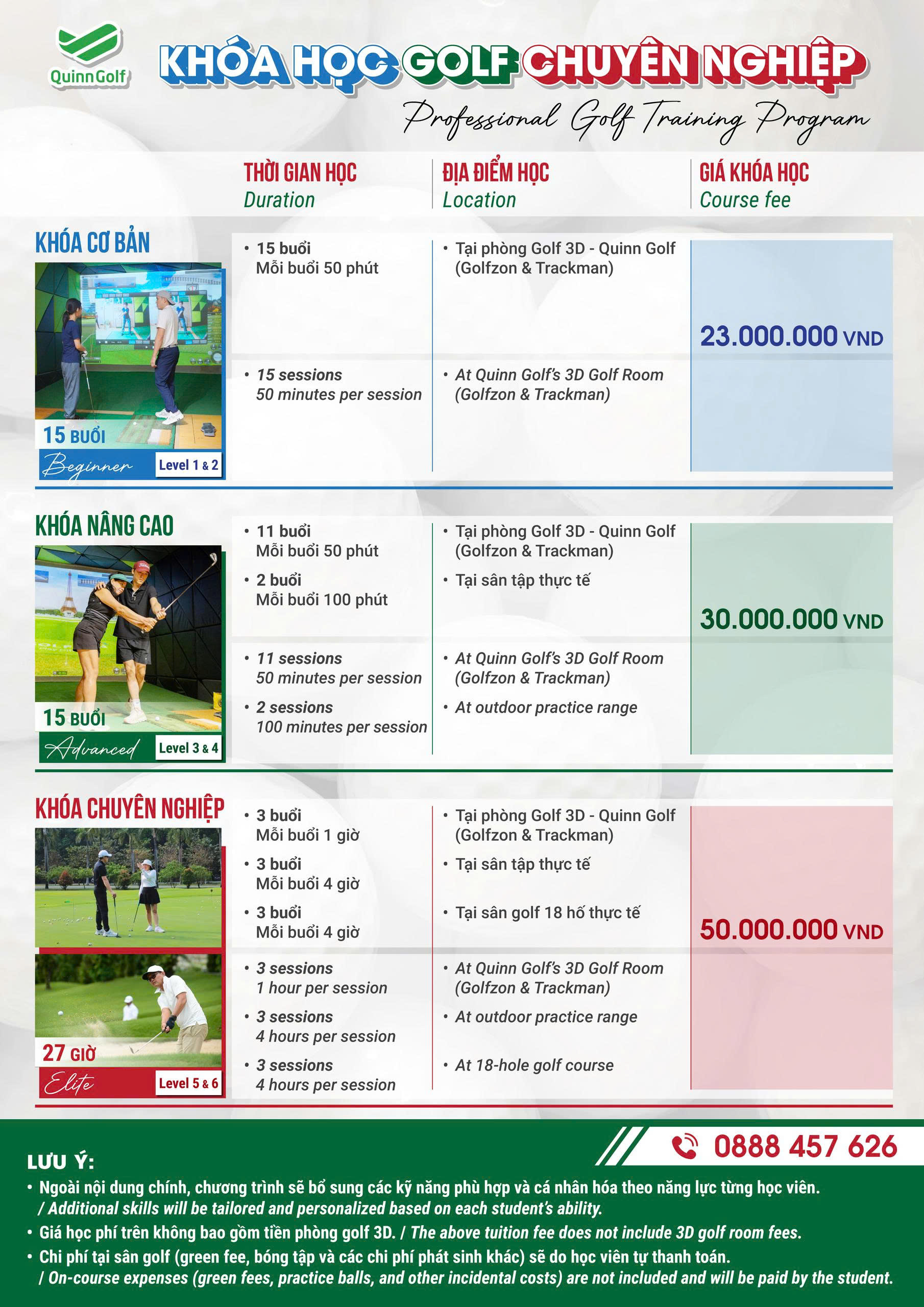 Bảng giá học Golf tại Quinngolf